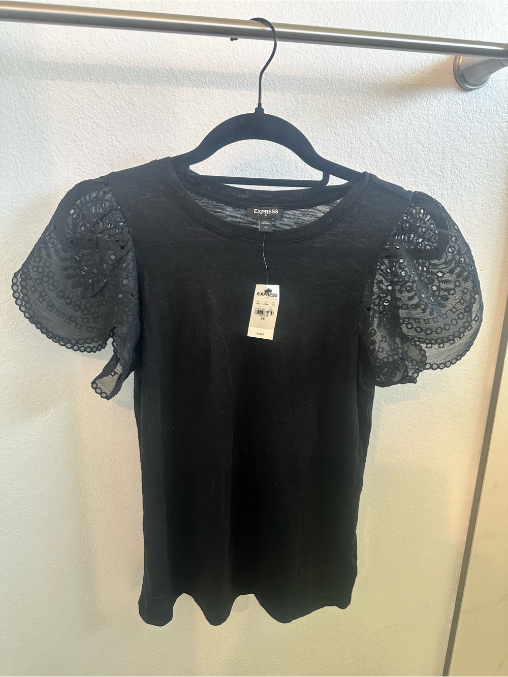NWT Express Black Puff Sleeve Tee with Eyelet Lace Sleeves